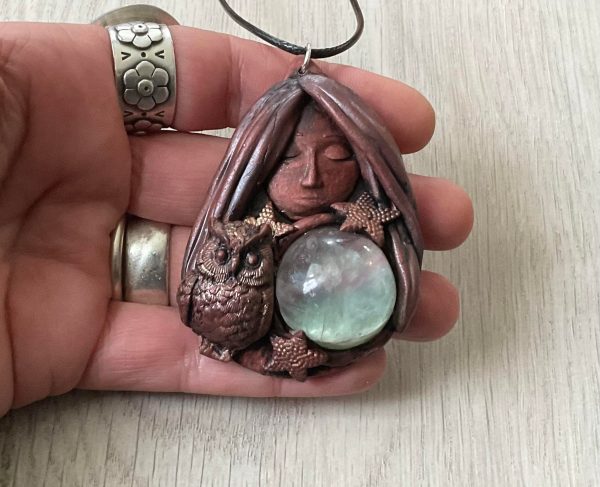Mystic Goddess Clay Pendant with Rainbow Fluorite Crystal - Image 4