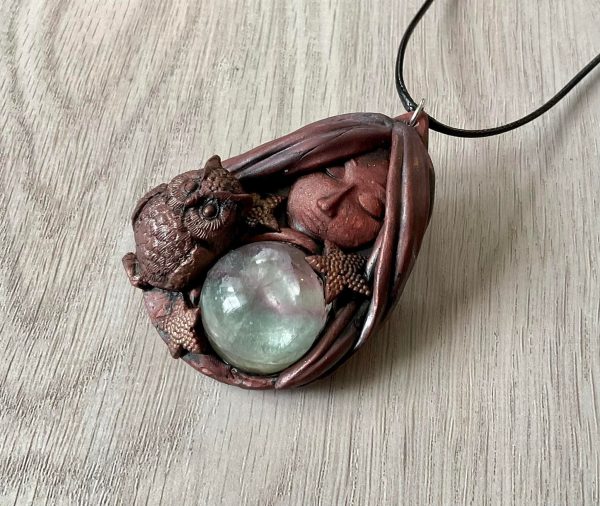 Mystic Goddess Clay Pendant with Rainbow Fluorite Crystal - Image 3