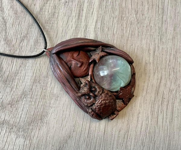 Mystic Goddess Clay Pendant with Rainbow Fluorite Crystal - Image 2