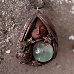 Mystic Goddess Clay Pendant with Rainbow Fluorite Crystal