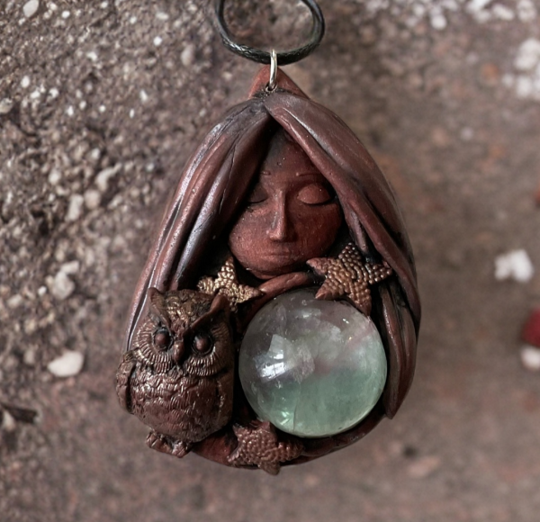 Mystic Goddess Clay Pendant with Rainbow Fluorite Crystal