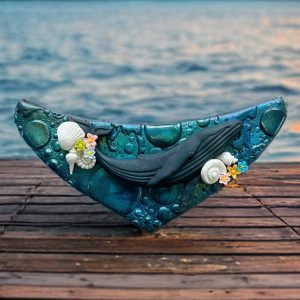 Large whimsical whale pendant on an adjustable cord made with polymer clay crafted by mouth @ Artbymouth.nz