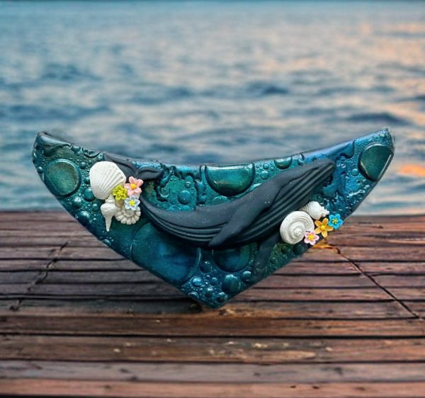 Large whimsical whale pendant on an adjustable cord made with polymer clay crafted by mouth @ Artbymouth.nz