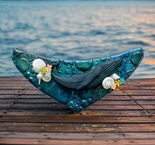 Large whimsical whale pendant on an adjustable cord made with polymer clay crafted by mouth @ Artbymouth.nz